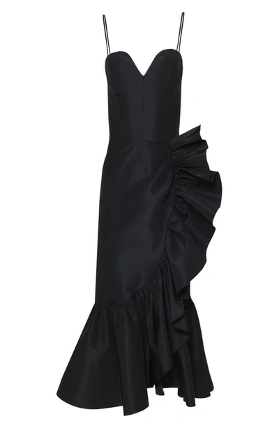 Shop Carolina Herrera Gathered Ruffle Detail Silk Midi Dress In Black