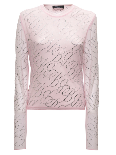 Shop Blumarine Pink Sheer Organza Long-sleeved Shirt With B Logo Jacquard  Woman