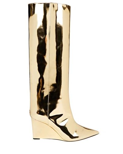 Shop Jimmy Choo Blake Metallic Leather Wedge Knee Boots In Gold