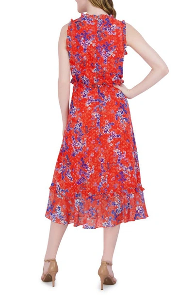 Shop Julia Jordan Floral Swiss Dot Sleeveless Midi Dress In Orange Multi