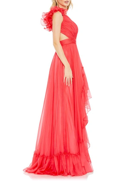 Shop Mac Duggal One-shoulder Ruffle Asymmetric Gown In Cherry