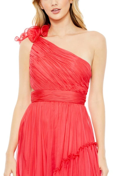 Shop Mac Duggal One-shoulder Ruffle Asymmetric Gown In Cherry