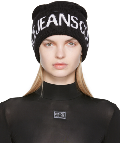 Shop Versace Jeans Couture Black Logo Beanie In El01 899+003