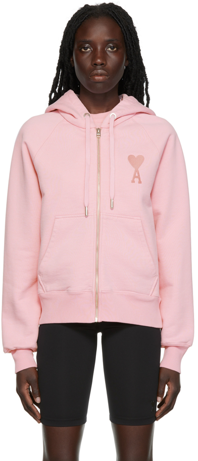 Shop Ami Alexandre Mattiussi Pink Ami De Cœur Zipped Hoodie In 655 Pale Pink