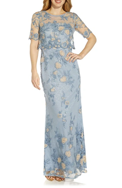 Shop Adrianna Papell Floral Embroidered Illusion Mesh Gown In Skyway