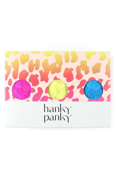 Shop Hanky Panky Assorted 3-pack Lace Original Rise Thongs In Pink/ Yellow/ Blue