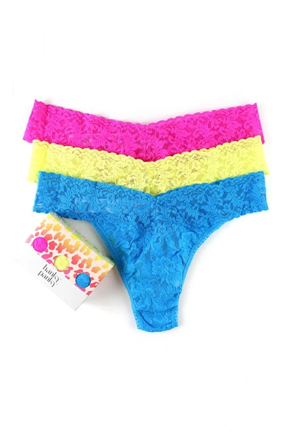 Shop Hanky Panky Assorted 3-pack Lace Original Rise Thongs In Pink/ Yellow/ Blue