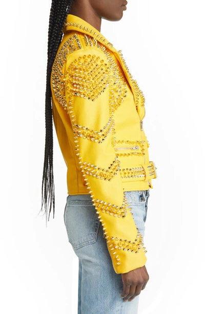 Shop Azalea Wang Spike Belted Faux Leather Moto Jacket In Yellow