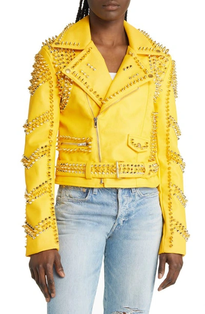 Shop Azalea Wang Spike Belted Faux Leather Moto Jacket In Yellow