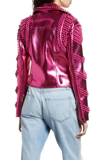 Shop Azalea Wang Spike Metallic Belted Faux Leather Moto Jacket In Pink