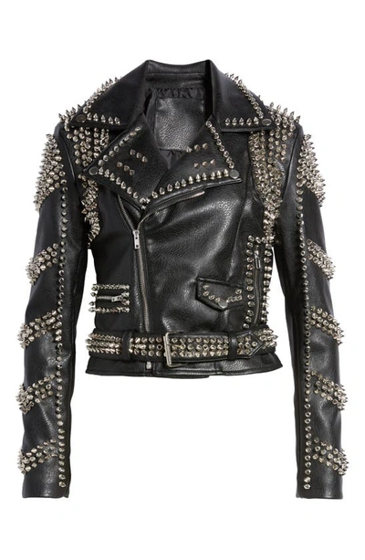 Shop Azalea Wang Spike Belted Faux Leather Moto Jacket In Black