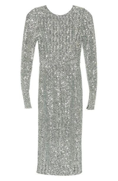 Shop Dolce & Gabbana Long Sleeve Sequin Midi Dress In S0998 Argento