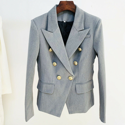 Pre-owned Blazer 2022 Damen Designer Inspiriert Grau Farbe Metall Löwe Knöpfe  Mantel