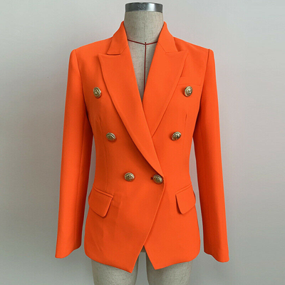 Pre-owned Fashion Pioneer Damen Designer Inspiriert Enganliegend Gelbgolden Löwe Knöpfe Blazer Neon Orange