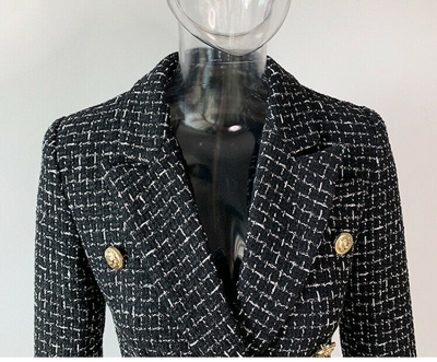 Pre-owned Fashion Pioneer Damen Designer Inspiriert Tweed Kariert Gelbgolden Löwe Knöpfe Angepasst Blazer