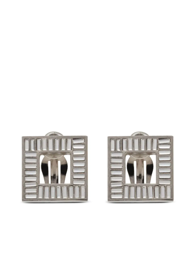 Shop Saint Laurent Square Crystal-embellished Clip-on Earrings In Silver