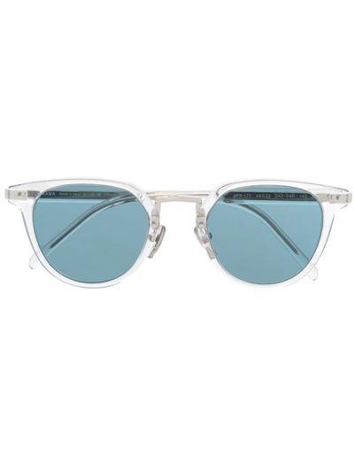 Shop Prada Round-frame Blue-tinted Sunglasses In White