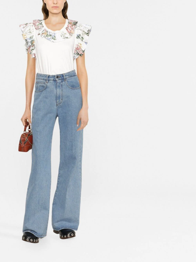 Shop See By Chloé Cotton Floral-trim T-shirt In White