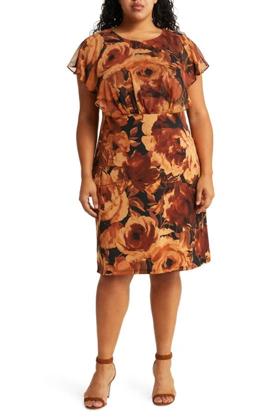Shop Connected Apparel Floral Chiffon Cape Overlay Midi Dress In Spice