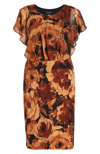 Shop Connected Apparel Floral Chiffon Cape Overlay Midi Dress In Spice