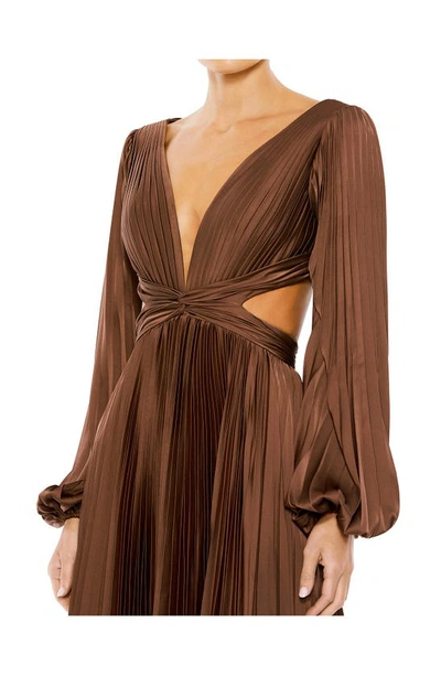 Shop Ieena For Mac Duggal Long Sleeve Pleated Cut-out Gown In Espresso