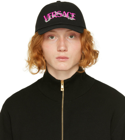 Shop Versace Black Logo Cap In 2bb50 Nero+fucshia+a