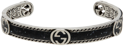 Shop Gucci Silver & Black Interlocking G Bracelet In 1064 0728/black