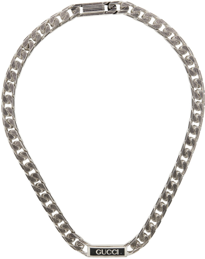 Shop Gucci Silver & Black Logo Plaque Necklace In 1064 0728/black