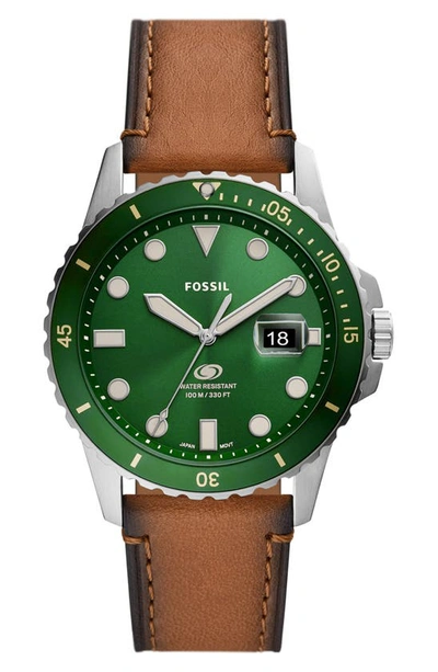 Shop Fossil Leather Strap Watch, 42mm In Brown/silver/green