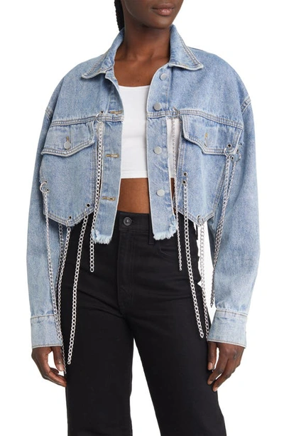 Azalea Wang Chain Fringe Crop Denim Jacket In Blue | ModeSens