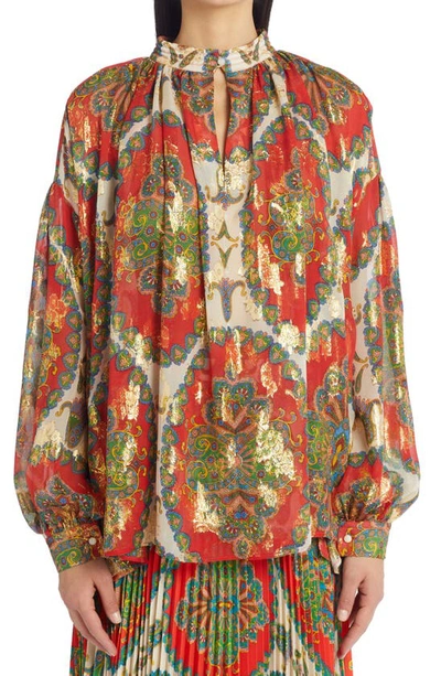 Shop Etro Orion Metallic Floral Print Silk Blouse In Red 600