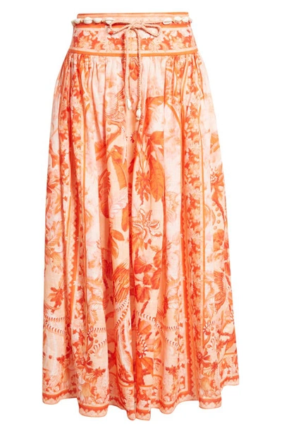 Shop Zimmermann Lyre Palm Print Linen Midi Skirt In Red Palm