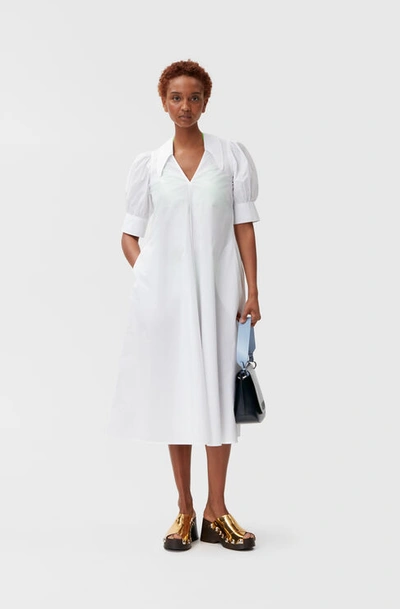 Shop Ganni Cotton Poplin Collar Midi Dress In Bright White