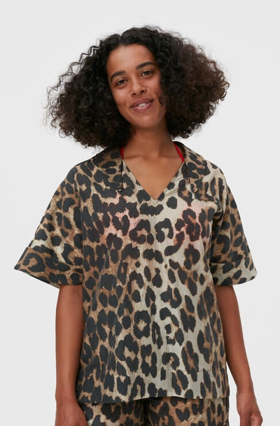 Shop Ganni Short Sleeve Leopard Shirt In Maxi Leopard