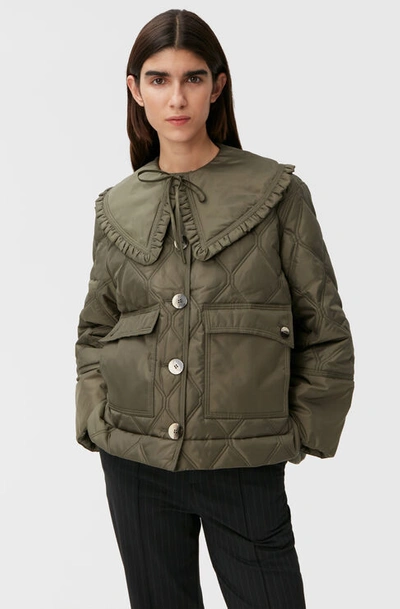 Ganni Ripstop Recycled Quilted Oversized Ruffle Collared Jacket In Kalamata