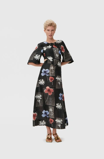 Shop Ganni Short Sleeve Maxi Dress In Flowers Black