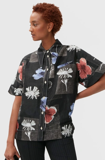 Shop Ganni Short Sleeve Printed Shirt In Flowers Black