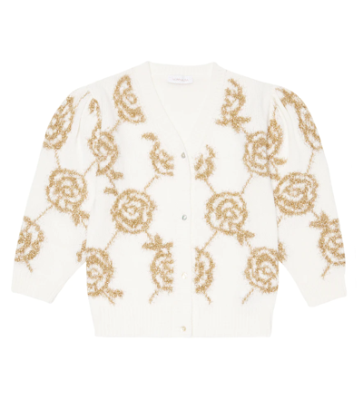 Shop Monnalisa Lurex® Floral Intarsia Wool Cardigan In White