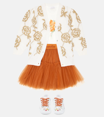Monnalisa Embroidered-rose Cardigan In White
