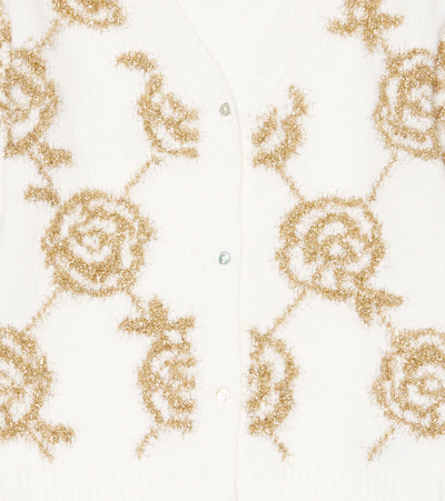 Shop Monnalisa Lurex® Floral Intarsia Wool Cardigan In White