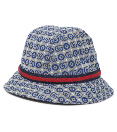 Shop Gucci Jacquard Cotton-blend Bucket Hat In Bluette/red