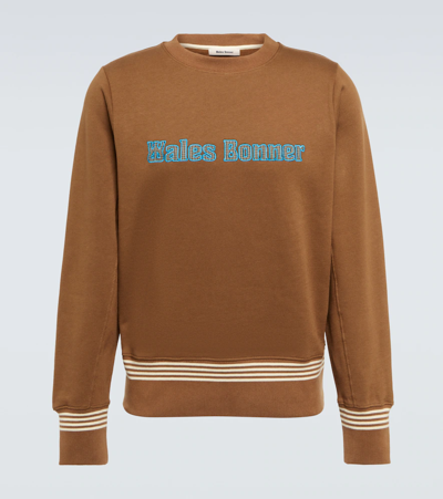 Shop Wales Bonner Logo Embroidered Cotton Sweatshirt In Brown