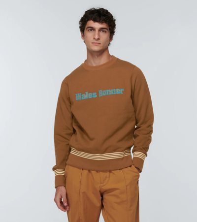 Shop Wales Bonner Logo Embroidered Cotton Sweatshirt In Brown