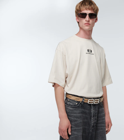 Shop Balenciaga Bb Signature Coated Canvas Belt In Beige + Brown