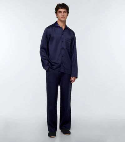 Cdlp Spread-collar Long-sleeved Relaxed-fit Woven Pyjama Top In Navy Blue