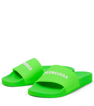 Shop Balenciaga Logo Rubber Slides In Fluo Green / White