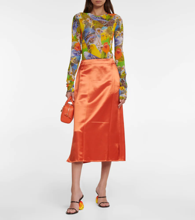 Shop Loewe Satin Midi Skirt In Bright Orange
