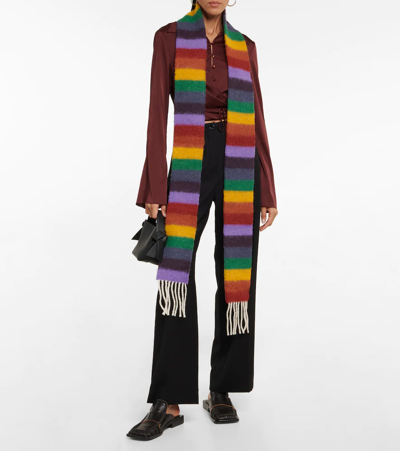 Shop Acne Studios Striped Fringed Alpaca-blend Scarf In Yellow/purple/green