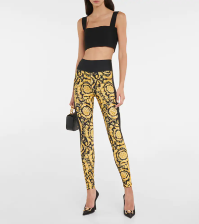 Shop Versace Barocco Paneled High-rise Leggings In Black+print