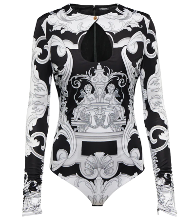 Shop Versace Baroque Cutout Jersey Bodysuit In Black+white